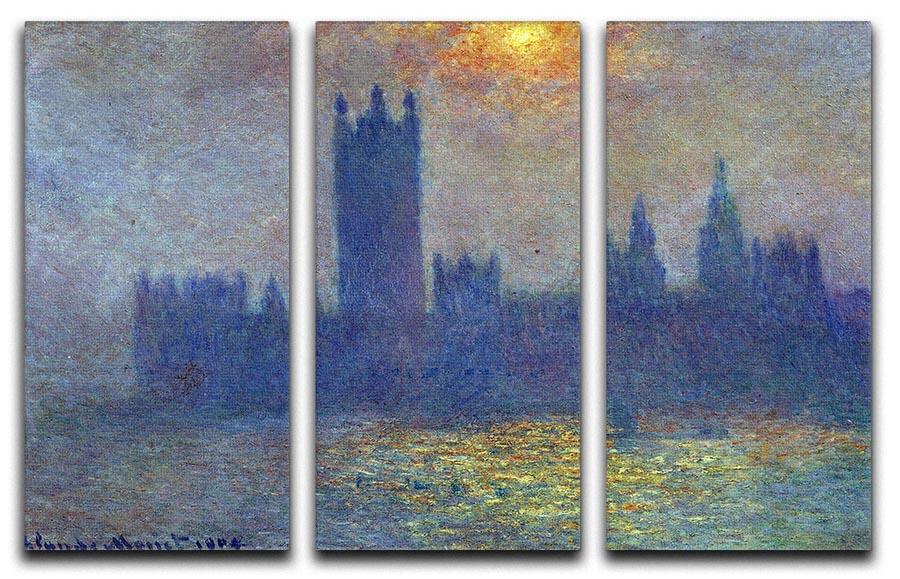 Three-panel canvas art featuring Monet's Houses of Parliament in sunlight and fog, showcasing vibrant colors and intricate details.